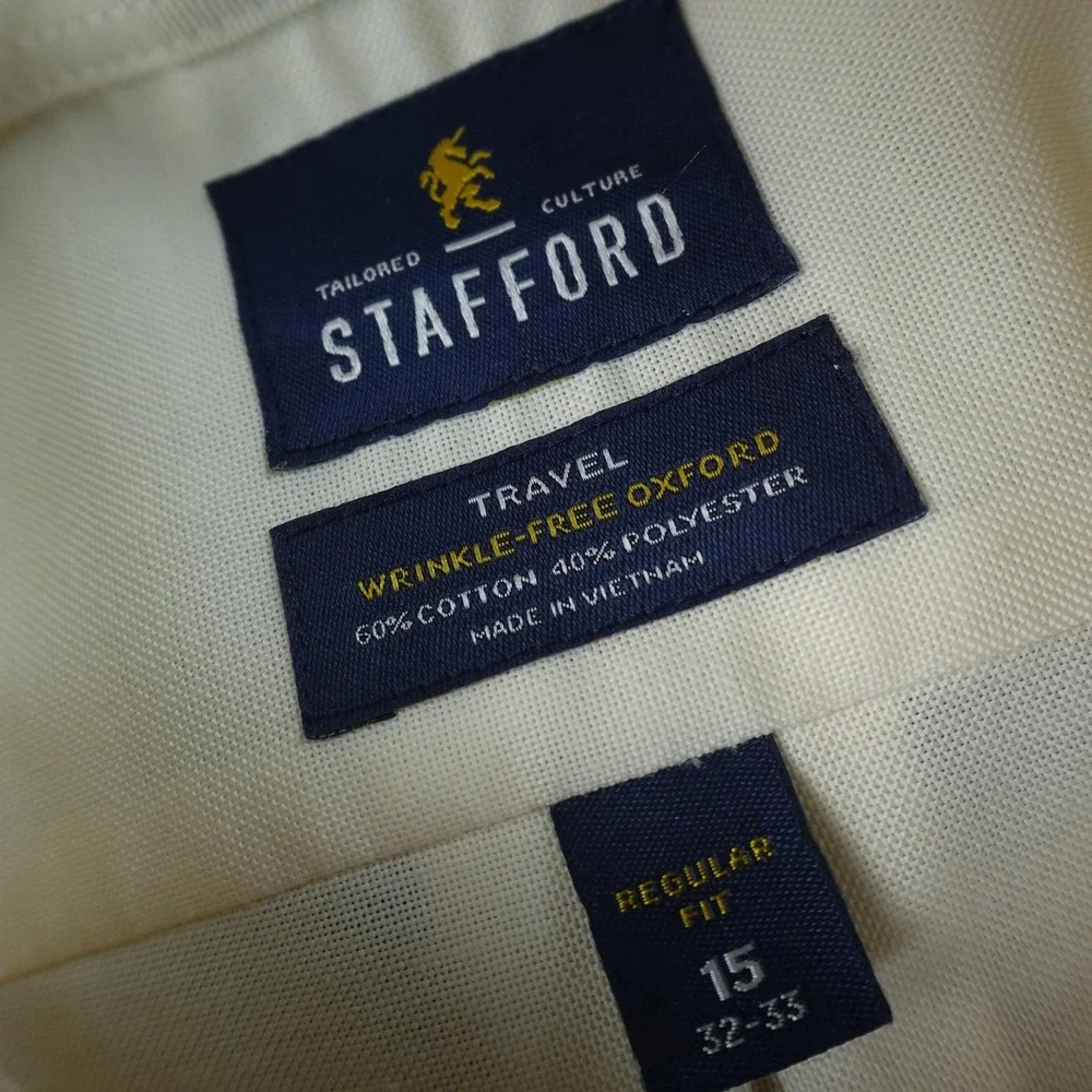 NEW Stafford Shirt Mens M 15 33 Cream White Long Sleeve Button Up Oxford Dress